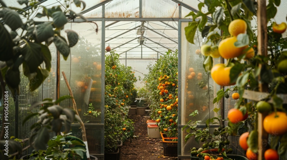 Poster Lush citrus trees are thriving inside a greenhouse, with bright oranges hanging from branches and a pathway leading through rows of greenery under soft afternoon light.