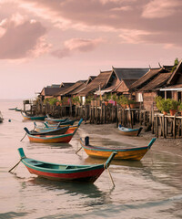 Obraz premium A tranquil scene of a traditional fishing village with colorful boats bobbing in the water and stilt houses lining the shore.