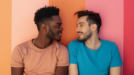Fototapeta premium Two men exchange a tender gaze, beautifully embodying the joy and happiness of their loving relationship, all set against a vibrant striped background that enhances and brightens the scene