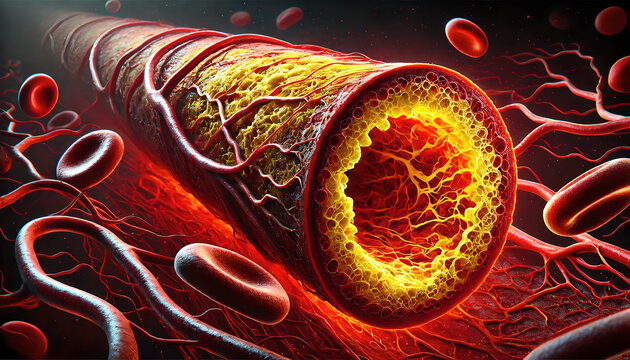 Hyperlipidemia: Atherosclerotic Blood Vessel with Plaque and High Cholesterol and Triglycerides - Detailed Illustration of a Clogged Artery-b