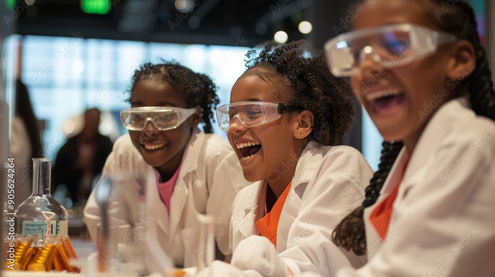 Aufkleber classmates enjoying hands-on science experiment in lab with safety goggles and lab coats