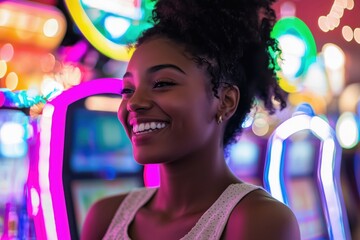 Happy black young woman smiling near slot machines in a casino. 