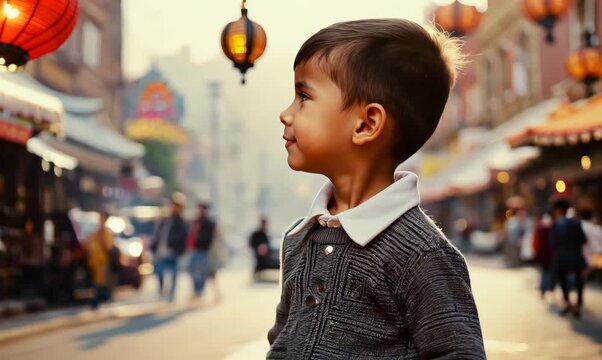 Medium shot portrait video of a satisfied child male that is wearing a chic cardigan against a bustling chinatown with colorful shops and restaurants background