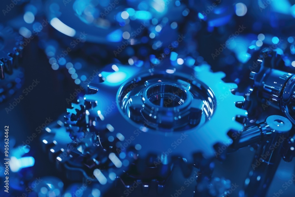 Poster a close up of a blue gear with a shiny surface. concept of precision and complexity, as gears are of