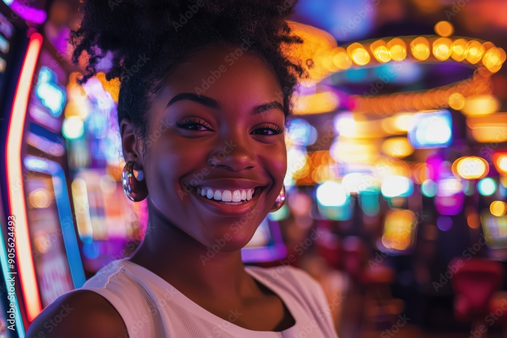 Wall mural Happy black young woman smiling near slot machines in a casino. 