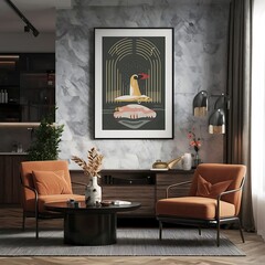 Modern bright interior with empty frame . 3D rendering
