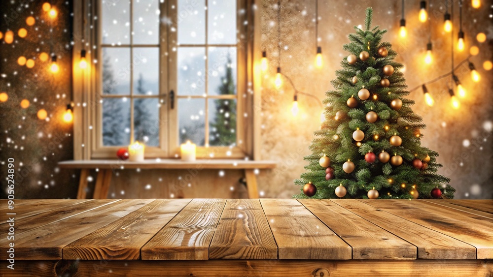 Poster empty woooden table top with abstract warm living room decor with christmas tree string light blur b