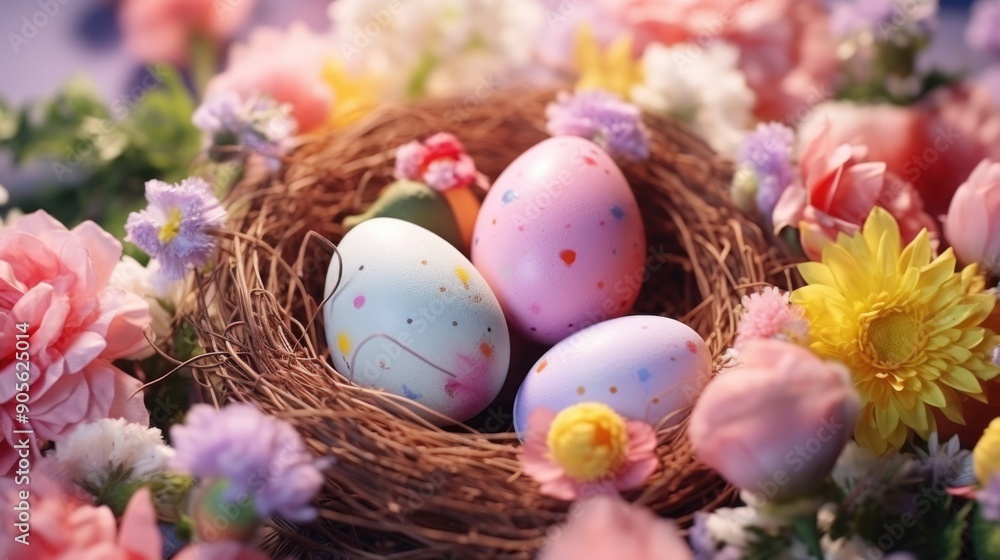 Poster a nest of eggs with a colorful flower arrangement surrounding them. the eggs are painted in differen