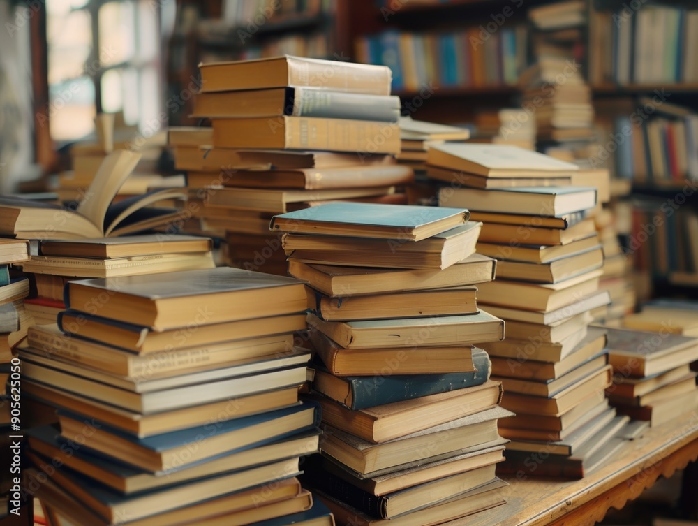 Poster a pile of books on a table with a window behind them. the books are stacked on top of each other, wi