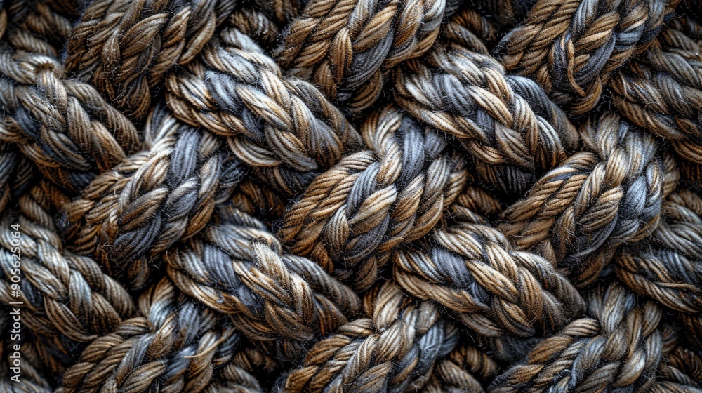 Poster a close up of a rope with a pattern of brown and gray. the rope is knotted and twisted, giving it a 