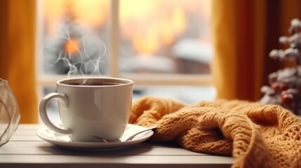 A white coffee cup with steam coming out of it sits on a white plate on a table. A yellow blanket is draped over the table next to the cup. The scene conveys a cozy and warm atmosphere