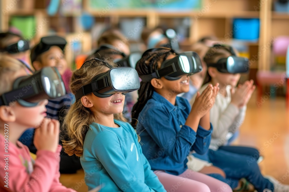 Poster young students exploring virtual reality in a vibrant classroom environment for skill development