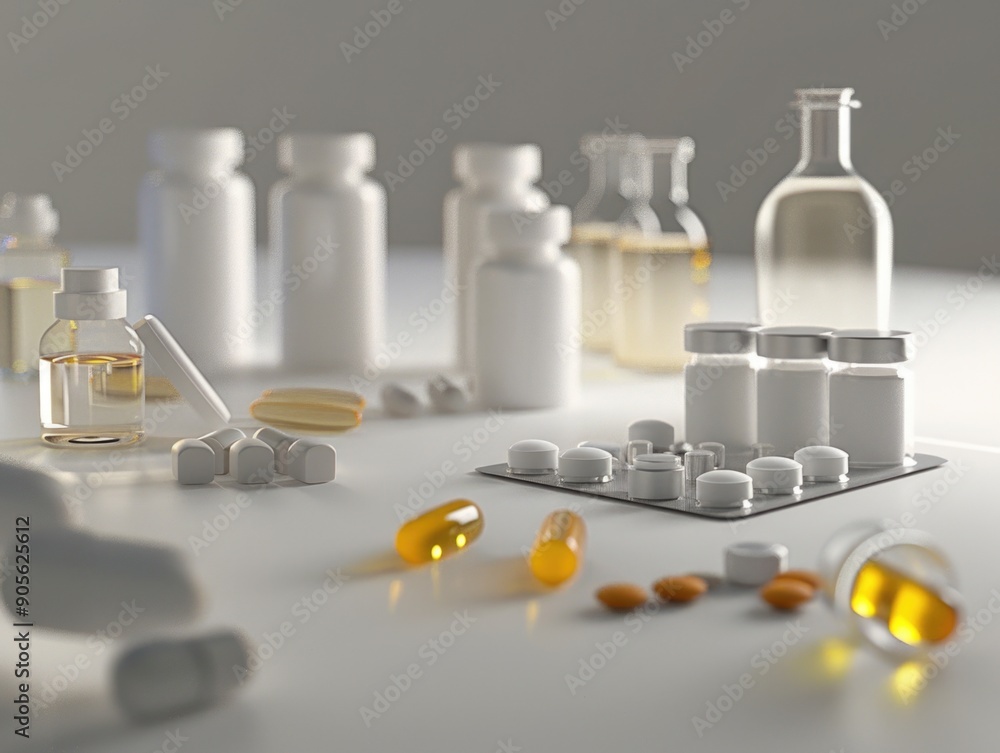 Poster a table with many different types of pills and capsules. the pills are in various shapes and sizes, 