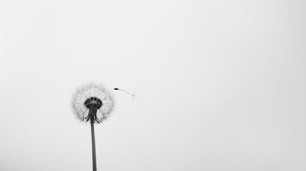 A dandelion is standing tall in a field of white clouds. The dandelion is the only thing visible in the image, and it is the only thing that stands out. The image has a serene and peaceful mood