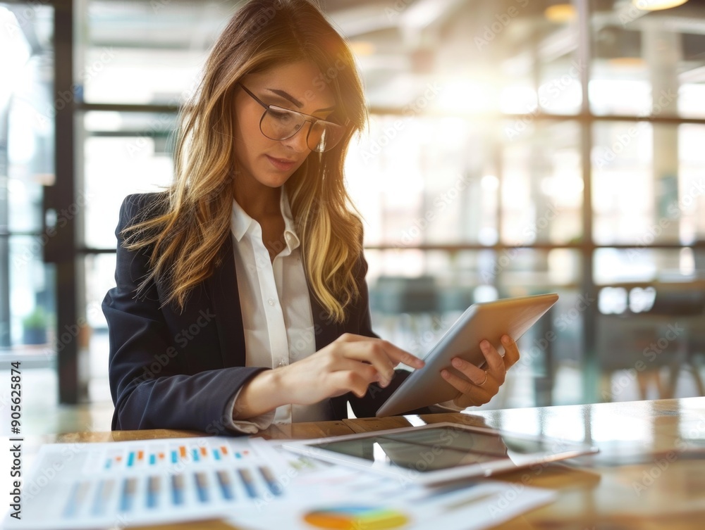 Poster a woman in a business suit is using a tablet to look at a presentation. she is focused and attentive