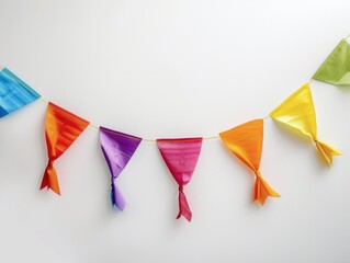 Fototapeta premium A colorful banner with a rainbow of flags hanging from a wall. The banner is made of paper and has a festive, celebratory mood