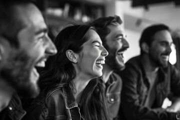 Obraz premium A group of people are laughing together. The woman is smiling and the man is laughing. Scene is happy and joyful