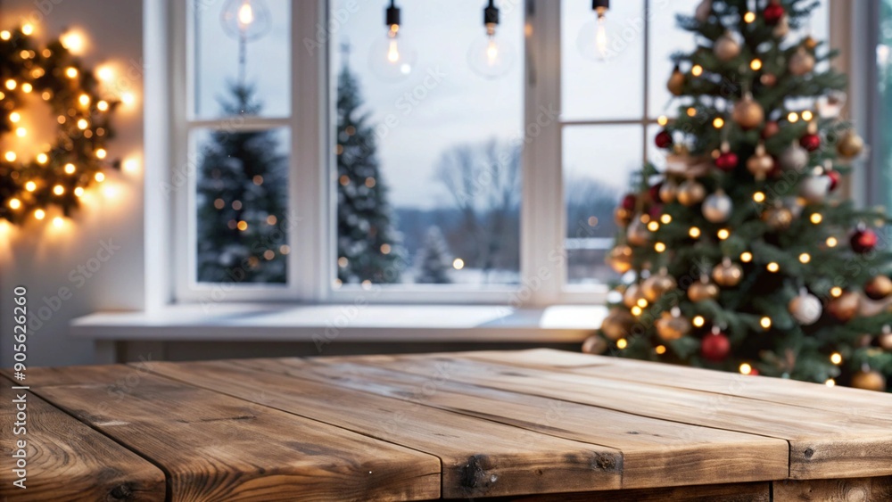 Poster empty woooden table top with abstract warm living room decor with christmas tree string light blur b