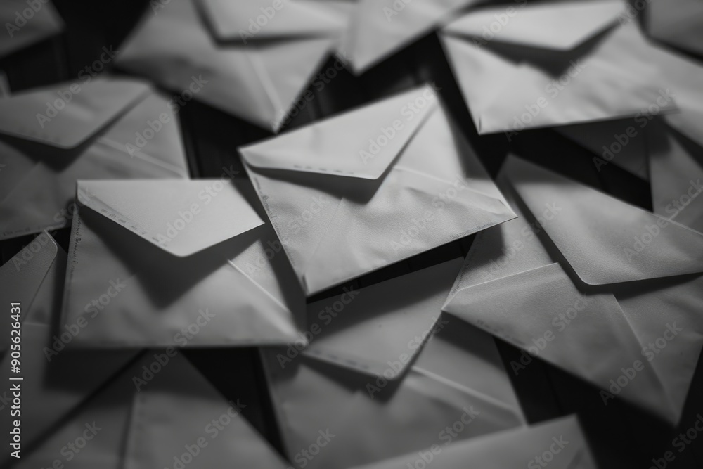 Poster a stack of white envelopes with a black background. the envelopes are all different sizes and are pi