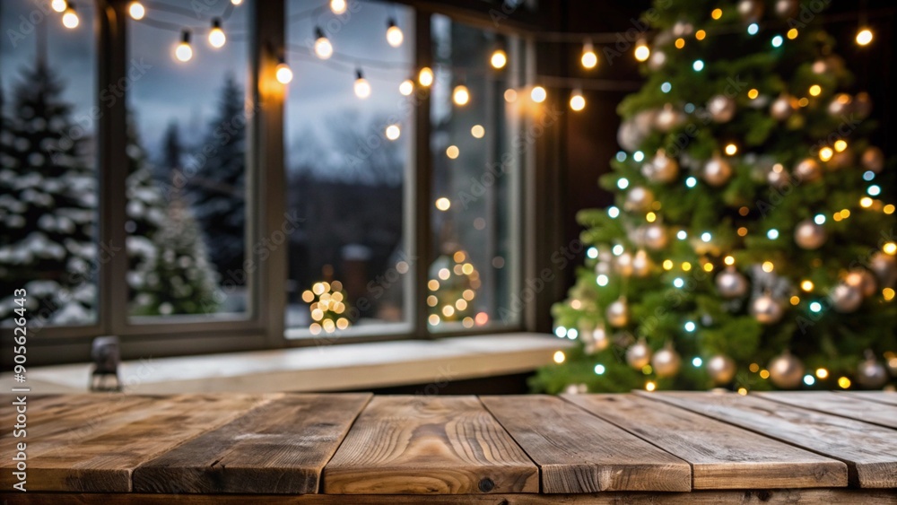 Poster empty woooden table top with abstract warm living room decor with christmas tree string light blur b