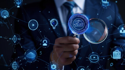 Digital patent concept: Businessman holding a magnifying glass over a copyright symbol surrounded by legal icons