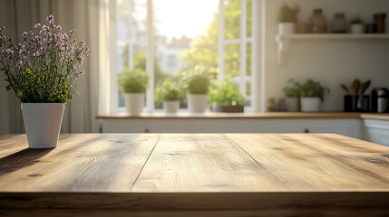 Interior of a room with a window, Wooden table kitchen