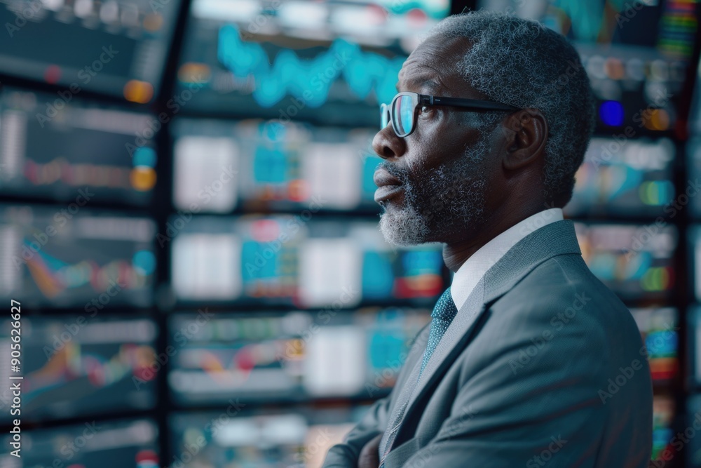 Poster a man in a suit stands in front of a wall of monitors displaying financial data. he is focused and s