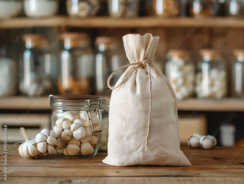 Poster a bag of garlic cloves sits on a table next to a jar of garlic. the bag is tied with a string and is