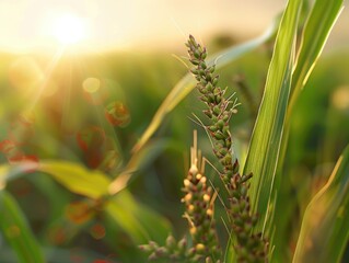 A field of green grass with a sun shining on it
