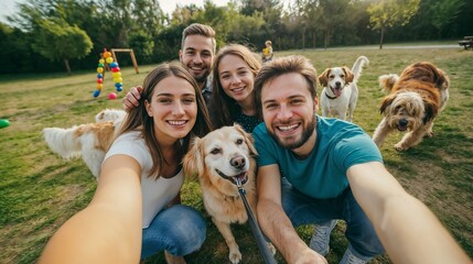 Happy friends taking selfie with dogs in the park on a sunny day