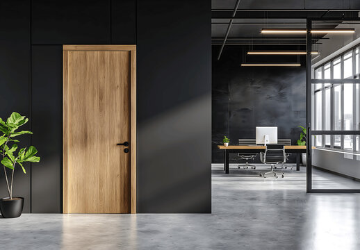 Interior of a modern office with dark walls and a door in the foreground