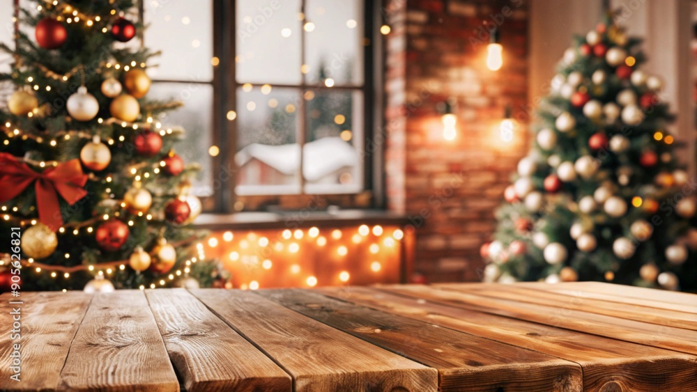 Poster empty woooden table top with abstract warm living room decor with christmas tree string light blur b