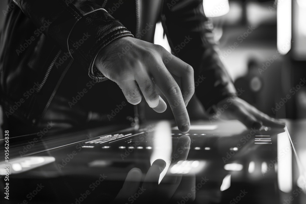 Poster a man is pointing at a screen with his finger. concept of focus and concentration as the man directs