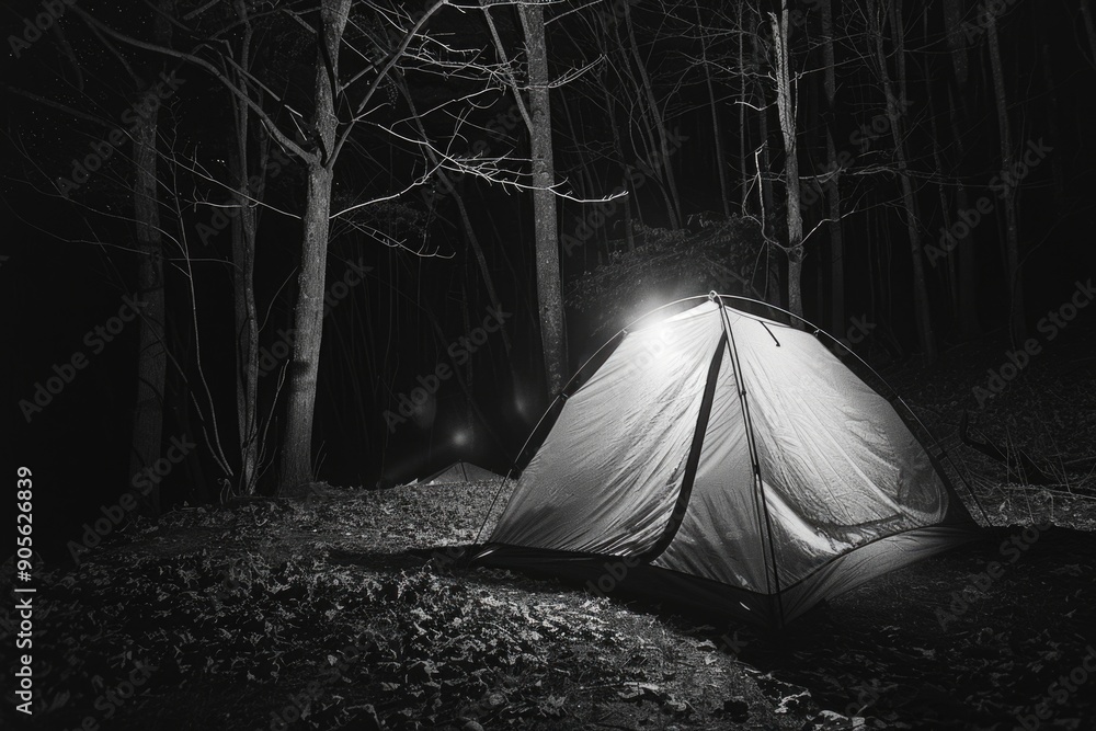 Poster a small tent is lit up in the dark woods. the tent is the only light source in the area