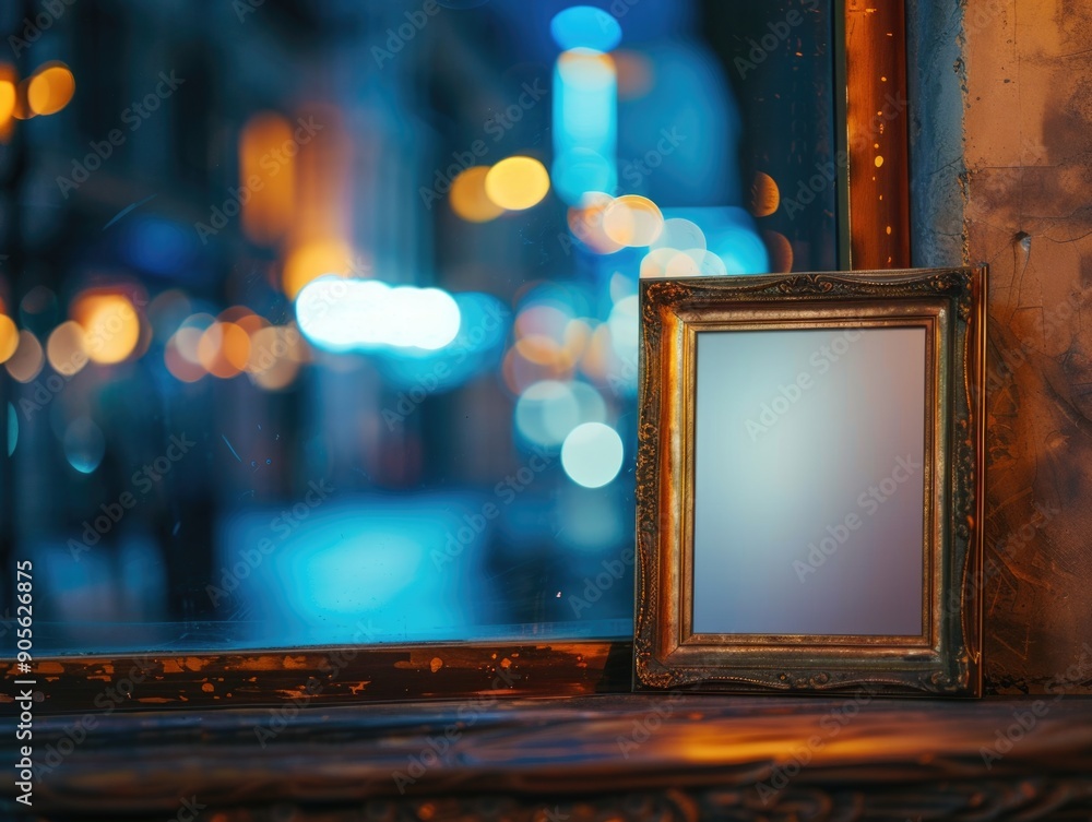 Poster a framed mirror sits on a window sill. the reflection of the city lights in the mirror creates a sen