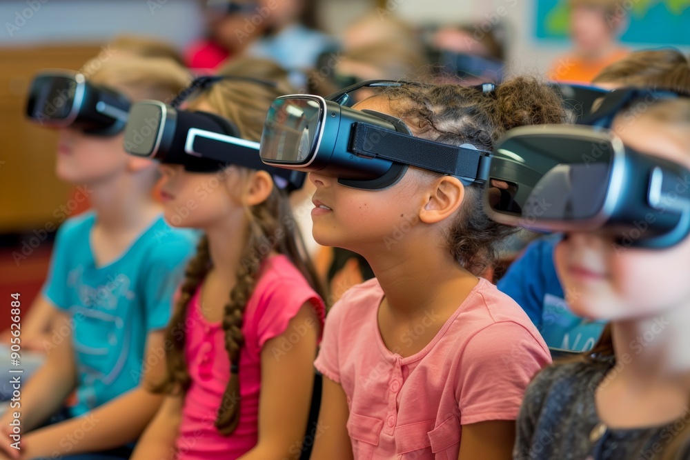 Poster elementary students using vr headsets to develop public speaking skills in a classroom setting