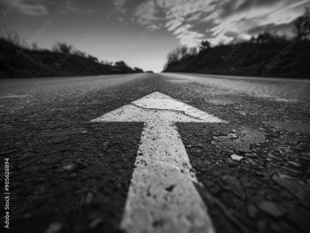 Poster a road with a white arrow pointing to the right. the arrow is the only thing visible in the image