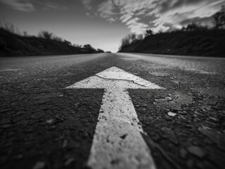 A road with a white arrow pointing to the right. The arrow is the only thing visible in the image