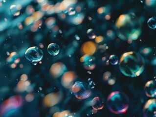 A close up of many colorful bubbles floating in the air. The bubbles are of different sizes and colors, creating a vibrant and lively atmosphere. Concept of joy and playfulness