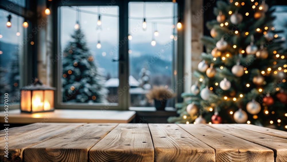 Poster empty woooden table top with abstract warm living room decor with christmas tree string light blur b