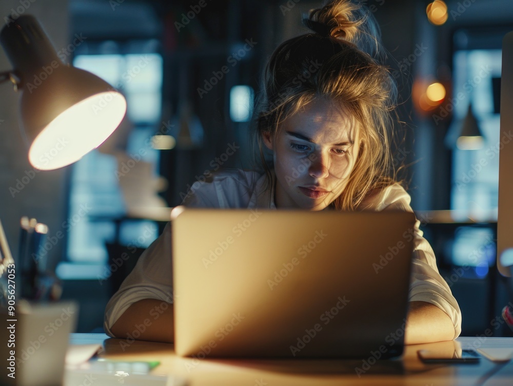 Poster a woman is sitting at a desk with a laptop open in front of her. she is looking at the screen with a