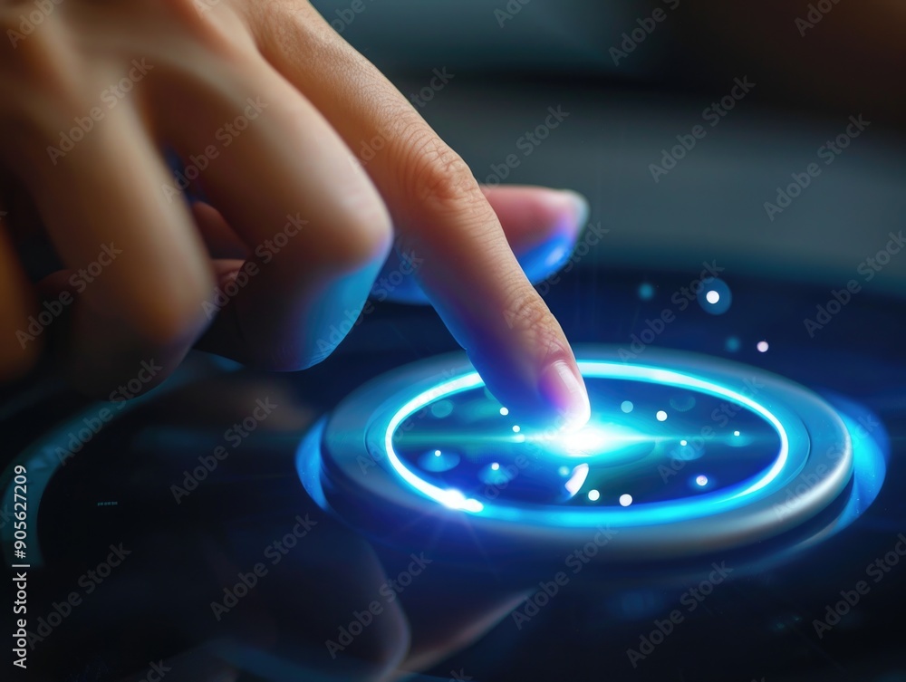 Aufkleber a hand is pointing at a glowing blue button. concept of excitement and anticipation, as if the butto