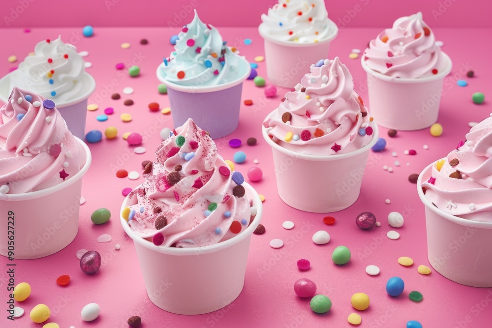 Aufkleber a row of colorful cupcakes with sprinkles on top. the cupcakes are arranged in a row on a pink backg