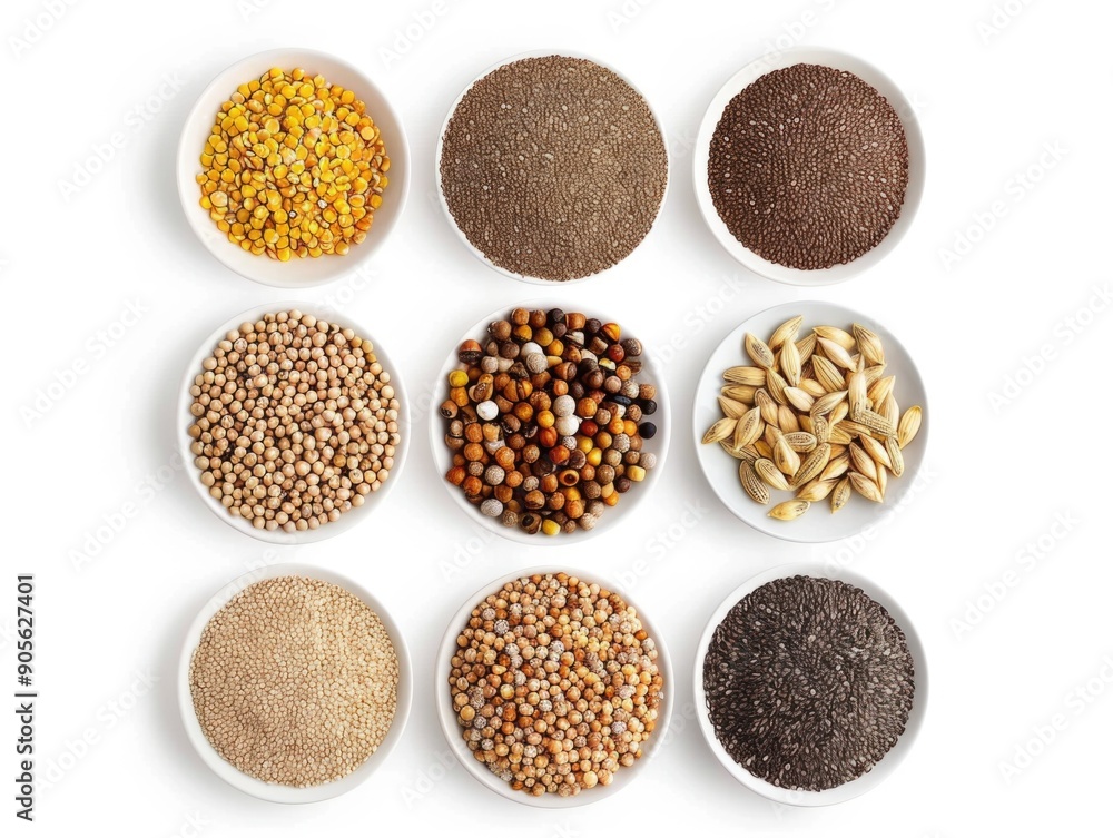 Poster a white background with a variety of different colored bowls filled with different types of seeds. t