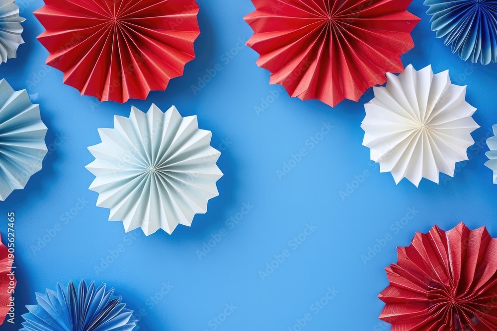 Poster a blue background with red and white paper lanterns. the lanterns are in the shape of stars and are 