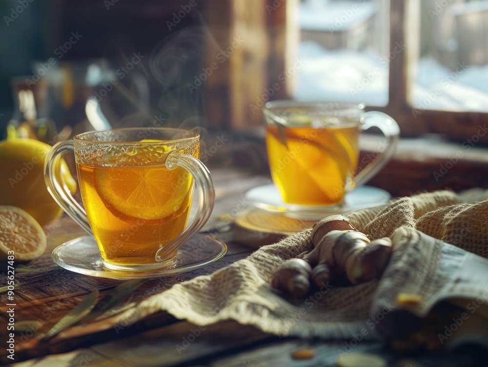 Poster two cups of tea with lemon slices in them sit on a table. the cups are on a cloth napkin and a woode