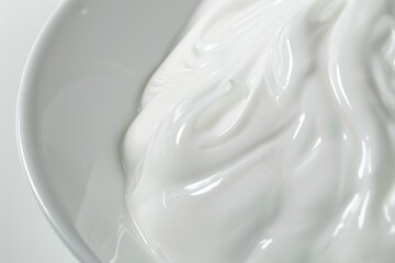 A bowl of white cream is shown with a white background. The cream is smooth and creamy, and it looks like it's been whipped to a stiff consistency. The bowl is white and has a clean