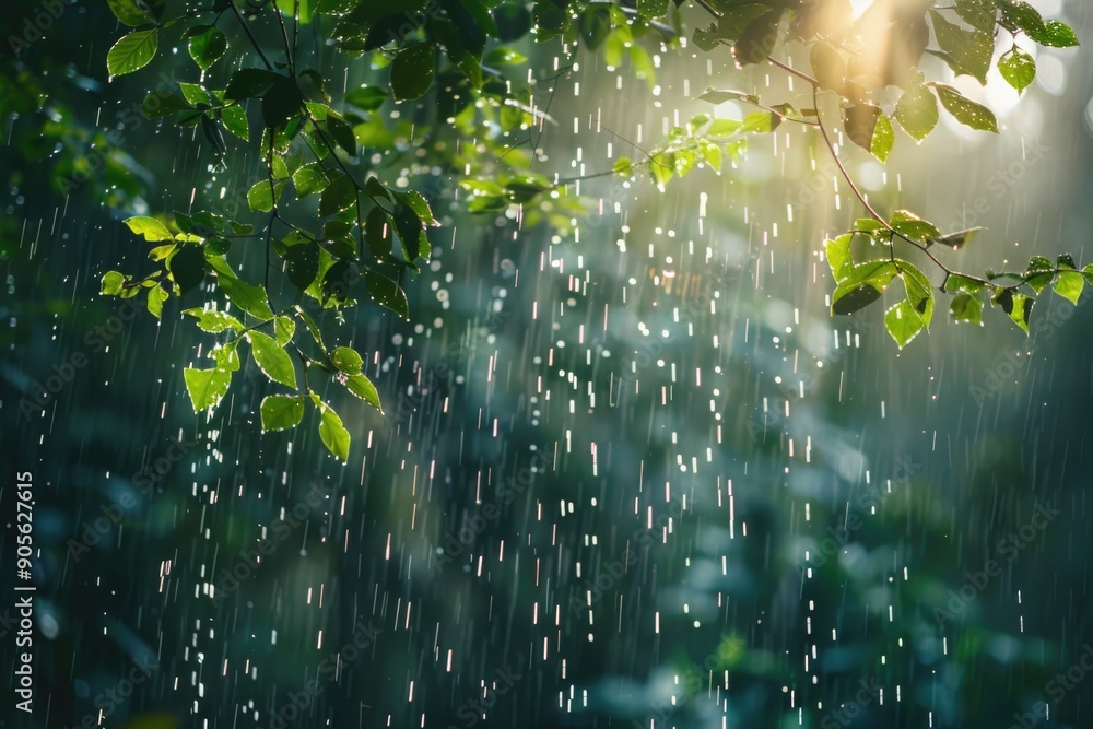 Poster a tree with leaves is covered in rain. the rain is falling in a steady stream, creating a peaceful a