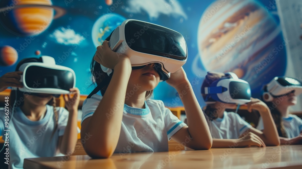 Poster students using vr headsets to explore virtual 3d solar system in stem class - space-themed classroom
