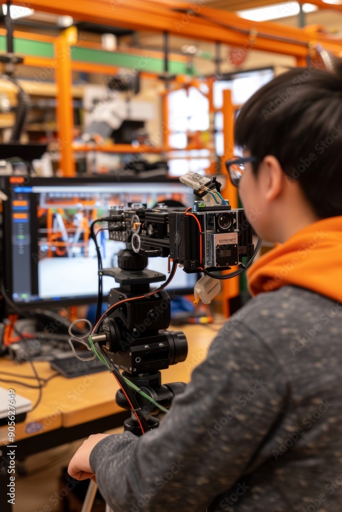 Poster students filming robotics project documentary using professional cameras and editing equipment